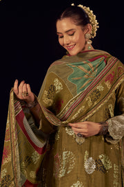 Digital Printed Mehendi Green Designer Muslin Jacquard silk Salwar Suit